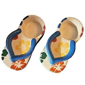 Set of 2 Yankee Candle Flip Flop Tea Light Votive Holders Blue Floral Ceramic